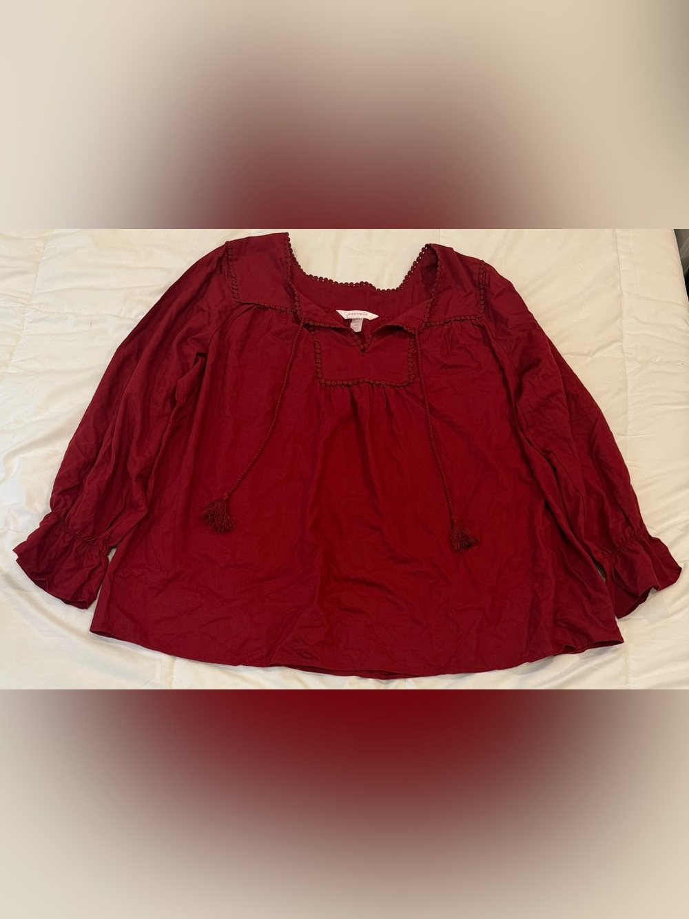 Cacique Burgundy Boho Peasant Blouse Pom Trim - Size 18/20